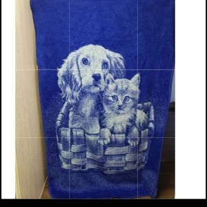 Vintage SAN MARCOS Blanket Blue Doublesided Dog & Cat In A Basket 82x 52